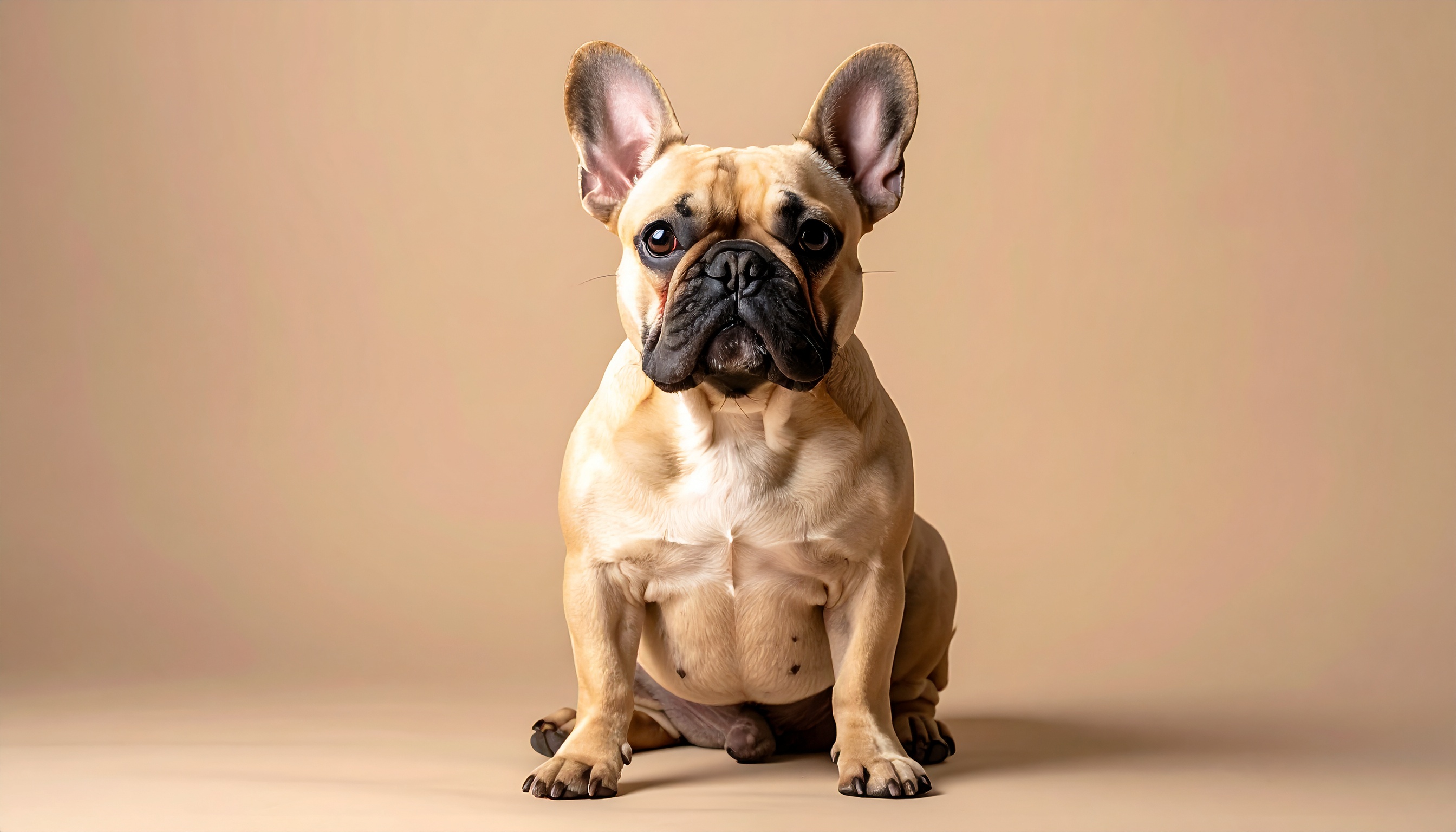 Um buldogue francês sentado em um estúdio com fundo bege, destacando suas orelhas grandes e expressão curiosa. Iluminação suave realça a textura do pelo curto e brilhante, criando uma atmosfera serena e equilibrada. A composição centralizada e foco preciso garantem que o olhar do espectador seja atraído para os detalhes faciais do cão.
